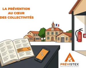 Prévention incendie des collectivités en Aveyron : mairie, école et salle polyvalente, extincteur et déclencheur manuel d’alarme incendie. Devant, un annuaire ouvert et un téléphone, contact Prévistex