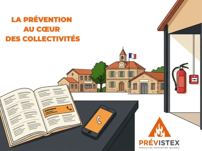 Prévention incendie des collectivités en Aveyron : mairie, école et salle polyvalente, extincteur et déclencheur manuel d’alarme incendie. Devant, un annuaire ouvert et un téléphone, contact Prévistex